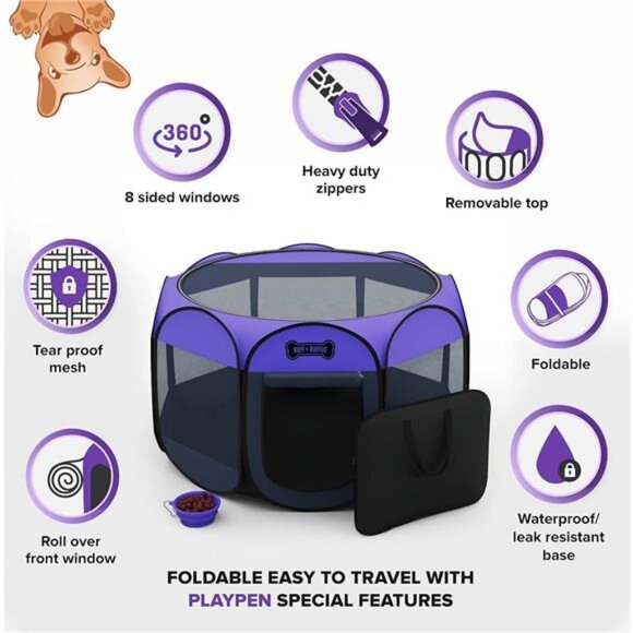 Portable Foldable Pet Playpen + Carrying Case & Collapsible Travel Bowl - Picture 3 of 7